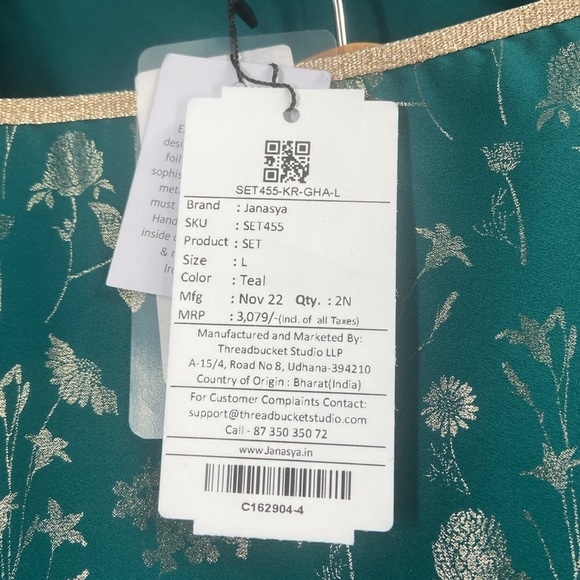 Janasya 2 Peice set teal green tunic & flare bell bottoms gold metallic florals - Picture 14 of 16